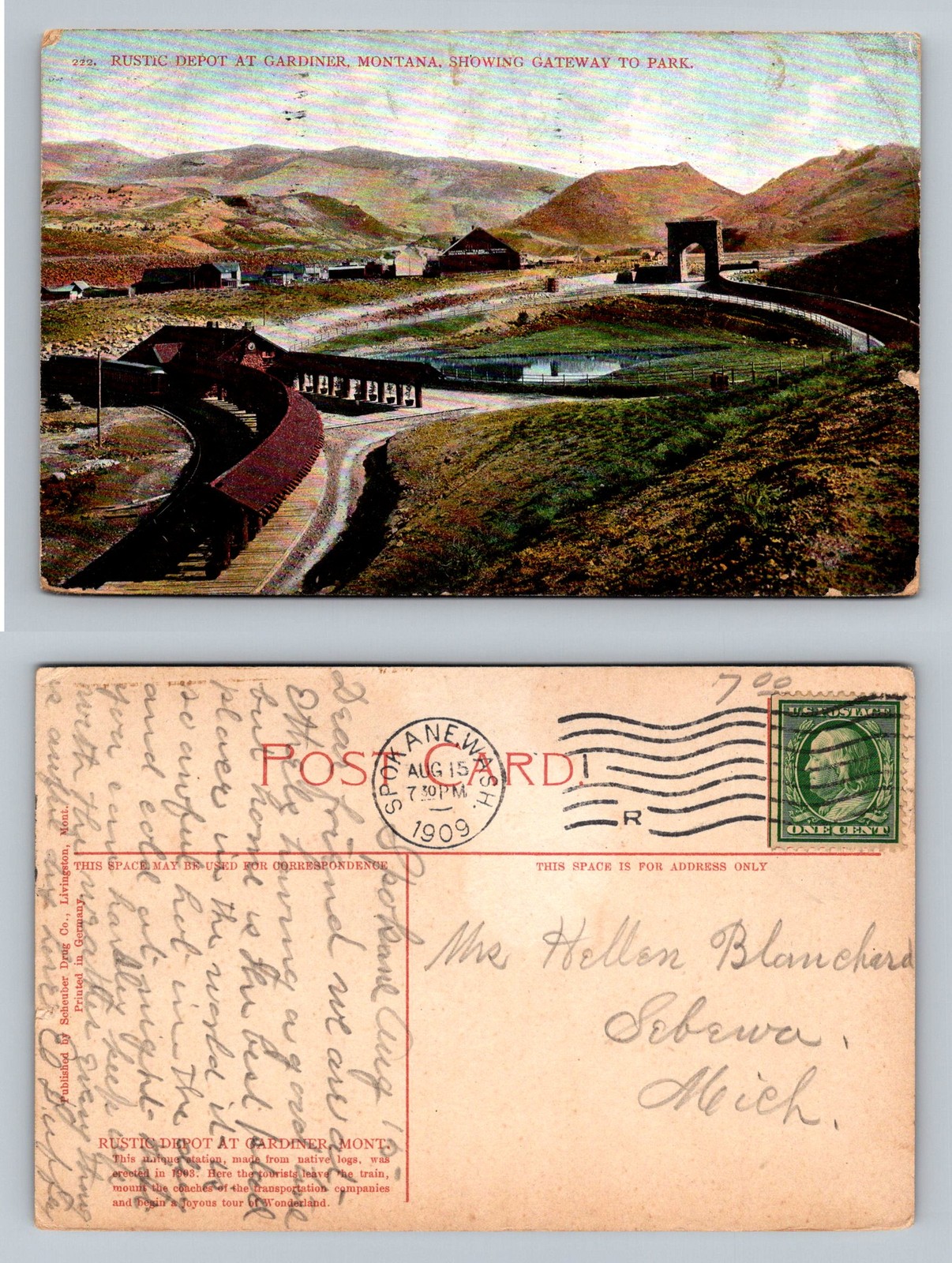 Gardiner, MT-Montana, Rustic Depot Gateway To Park Vintage c1909 Postcard