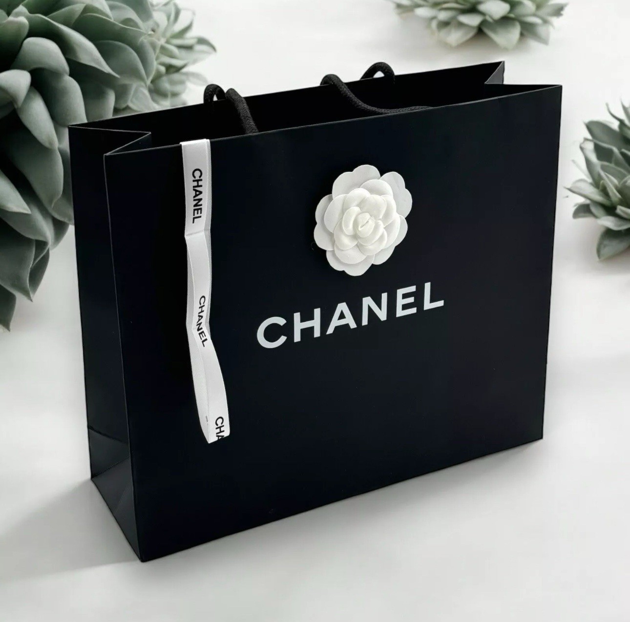 New Chanel Classic Luxury Med Shopping Gift Bag  12.75” x 11” x 4”  Ribbon+ Rose