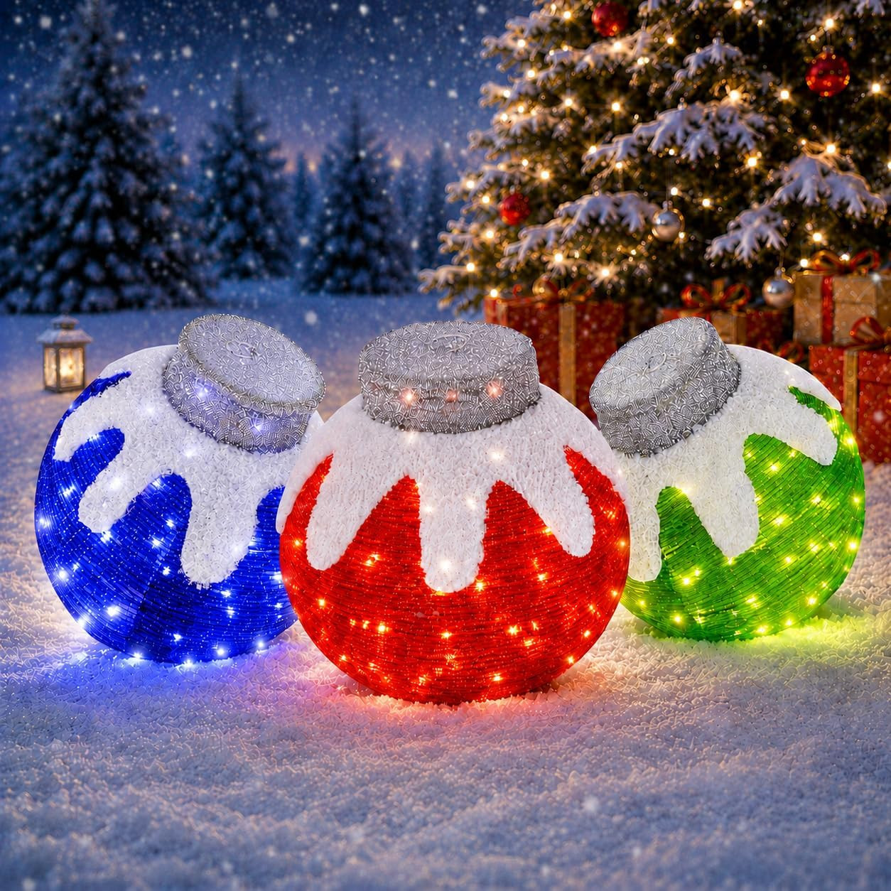 3 Pcs Outdoor Christmas Ornaments, Lighted Pop-Up Holiday Ball Decoration with 2