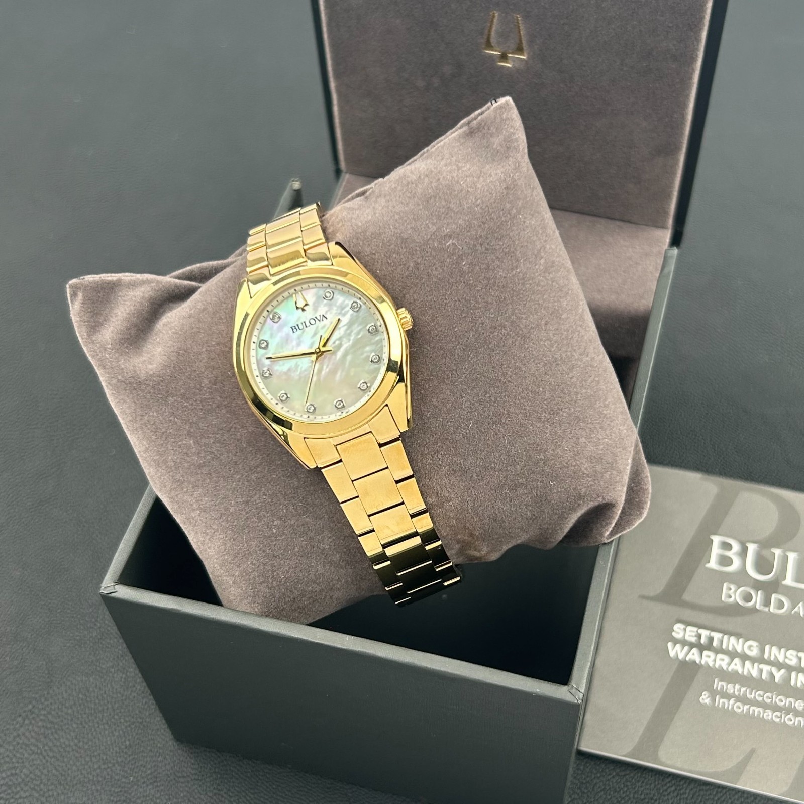 New w/box Bulova Surveyor Gold-tone Mother of Pearl Women's Quartz Watch 97P172