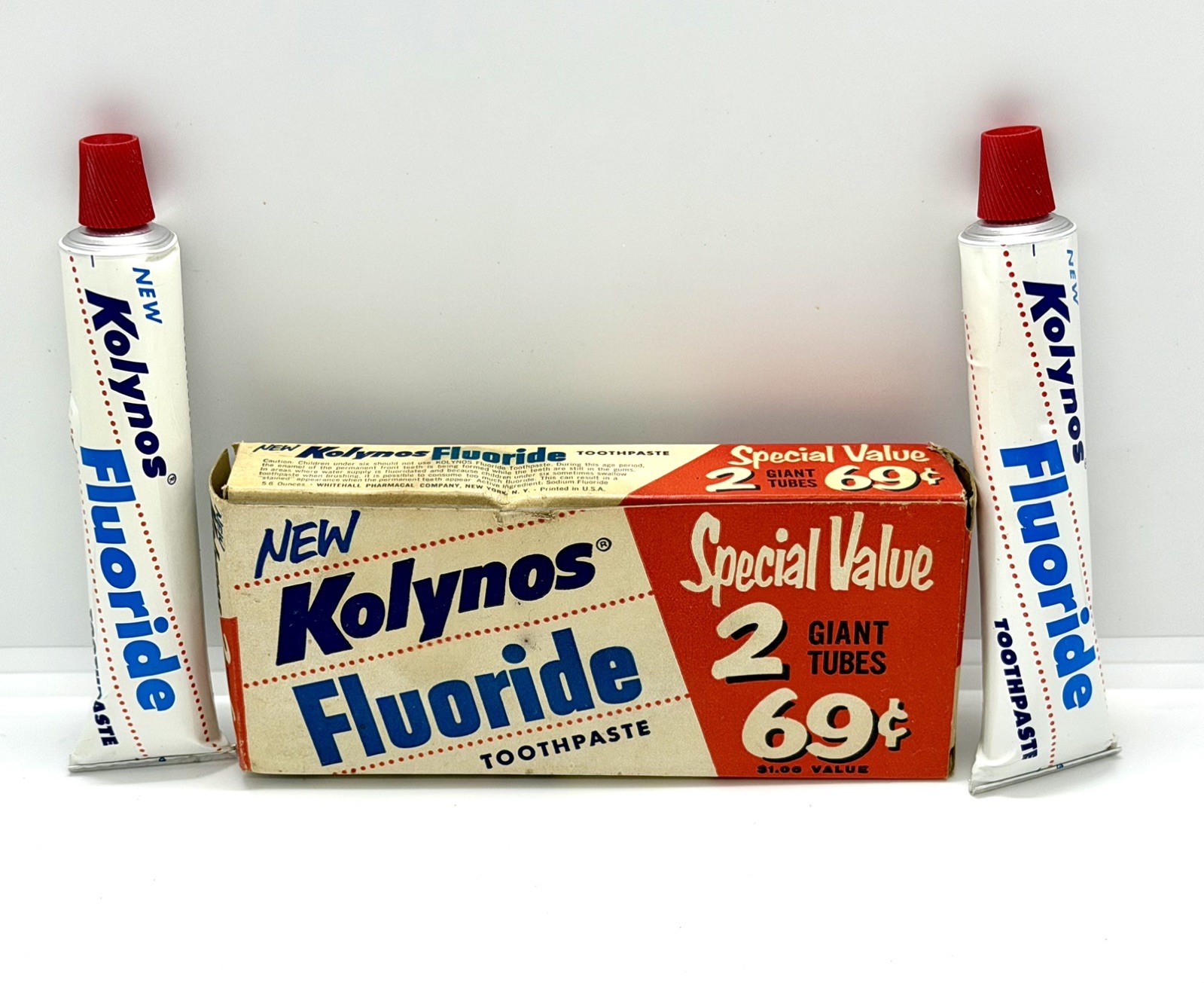 Vintage Kolynos Fluoride Toothpaste 2 Tubes NOS 50s 60s Decor Advertisement OLD