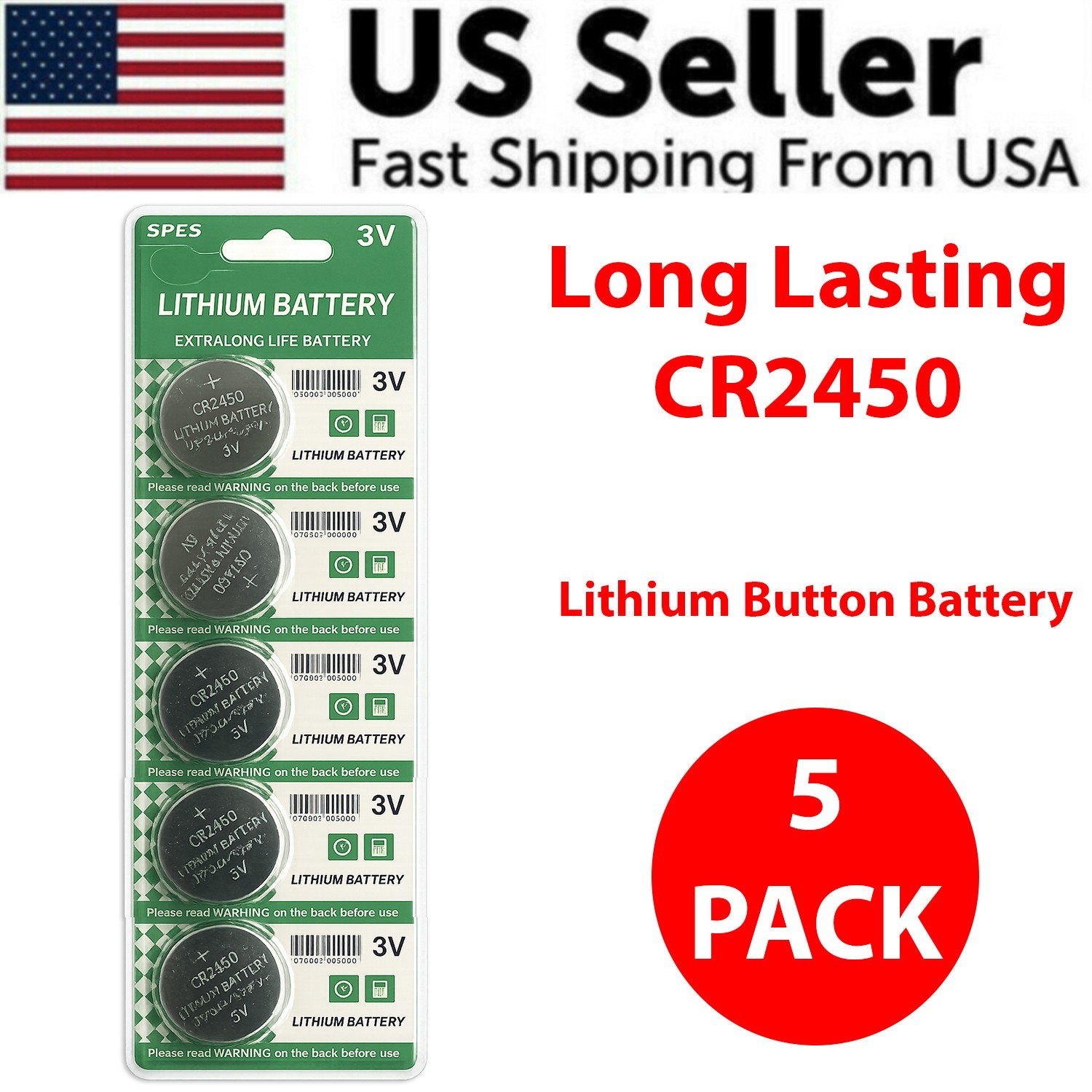 5 PACK Super Fresh Long CR2450 ECR 2450 3v LITHIUM Coin Cell Battery Exp. 2029