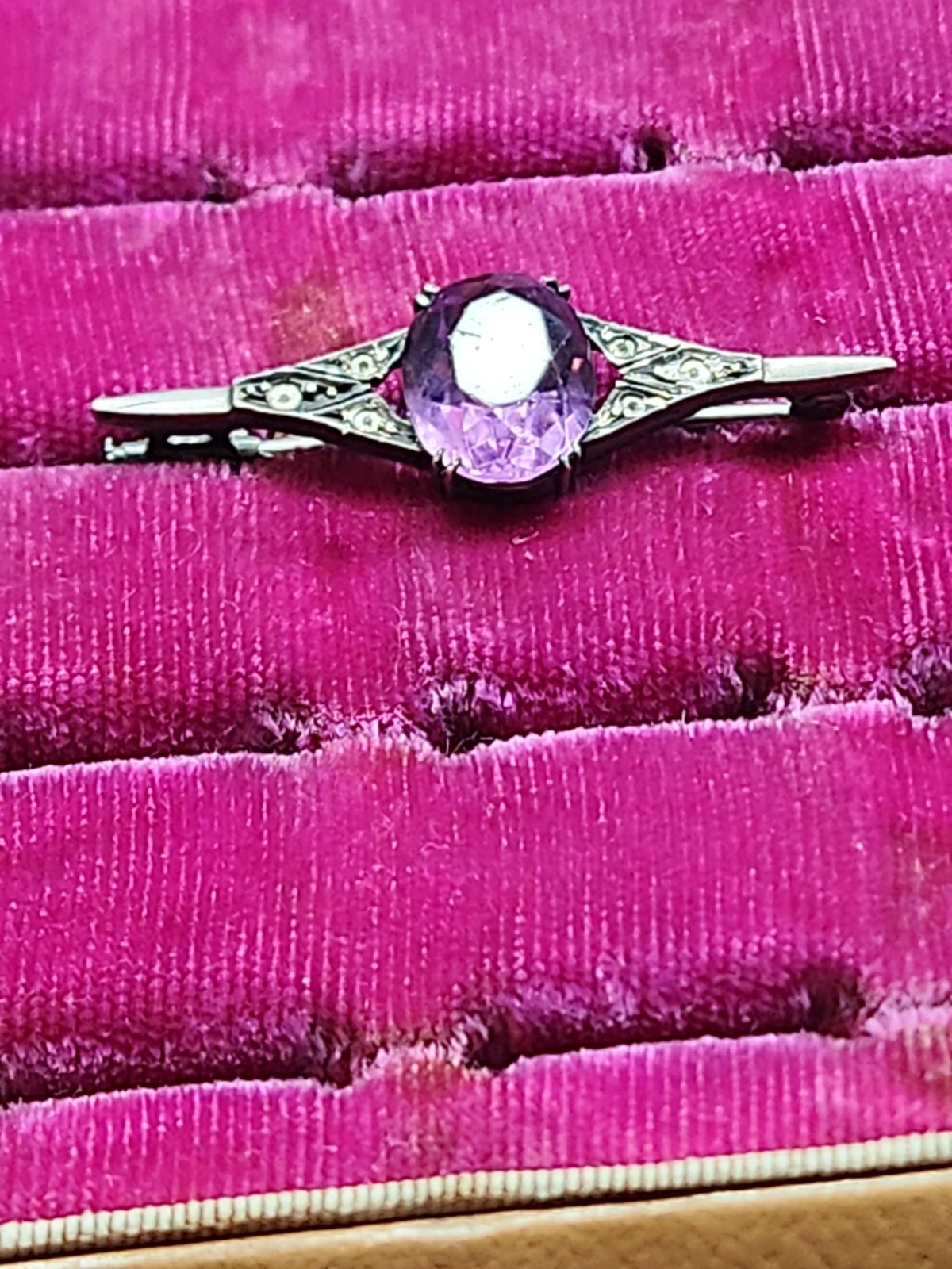 Antique French Mark Amethyst Glass SILVER BROOCH Bar Pin Purple