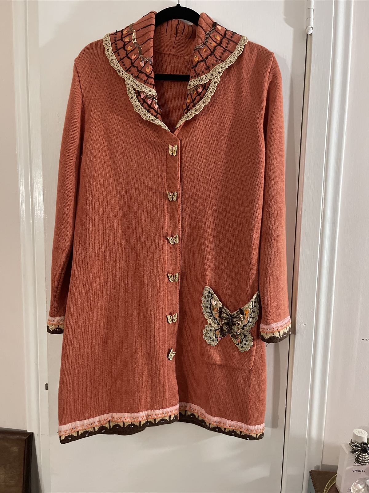 SWEET Vintage Sweater Beaded Great Quality Butterflies Handcrafted Pocket Large SWEET Vintage Sweater Beaded Great Quality Butterflies Handcrafted Pocket Large