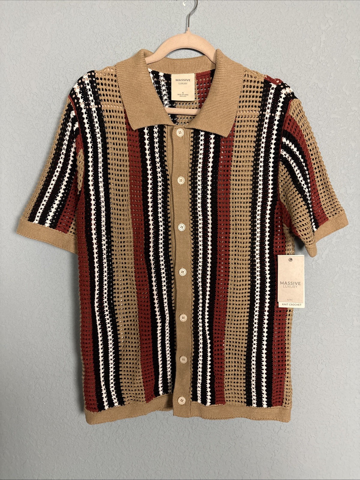 Massive Luxury Open Knit Crochet Polo Shirt Men’s S Striped Button Up Tan Rust
