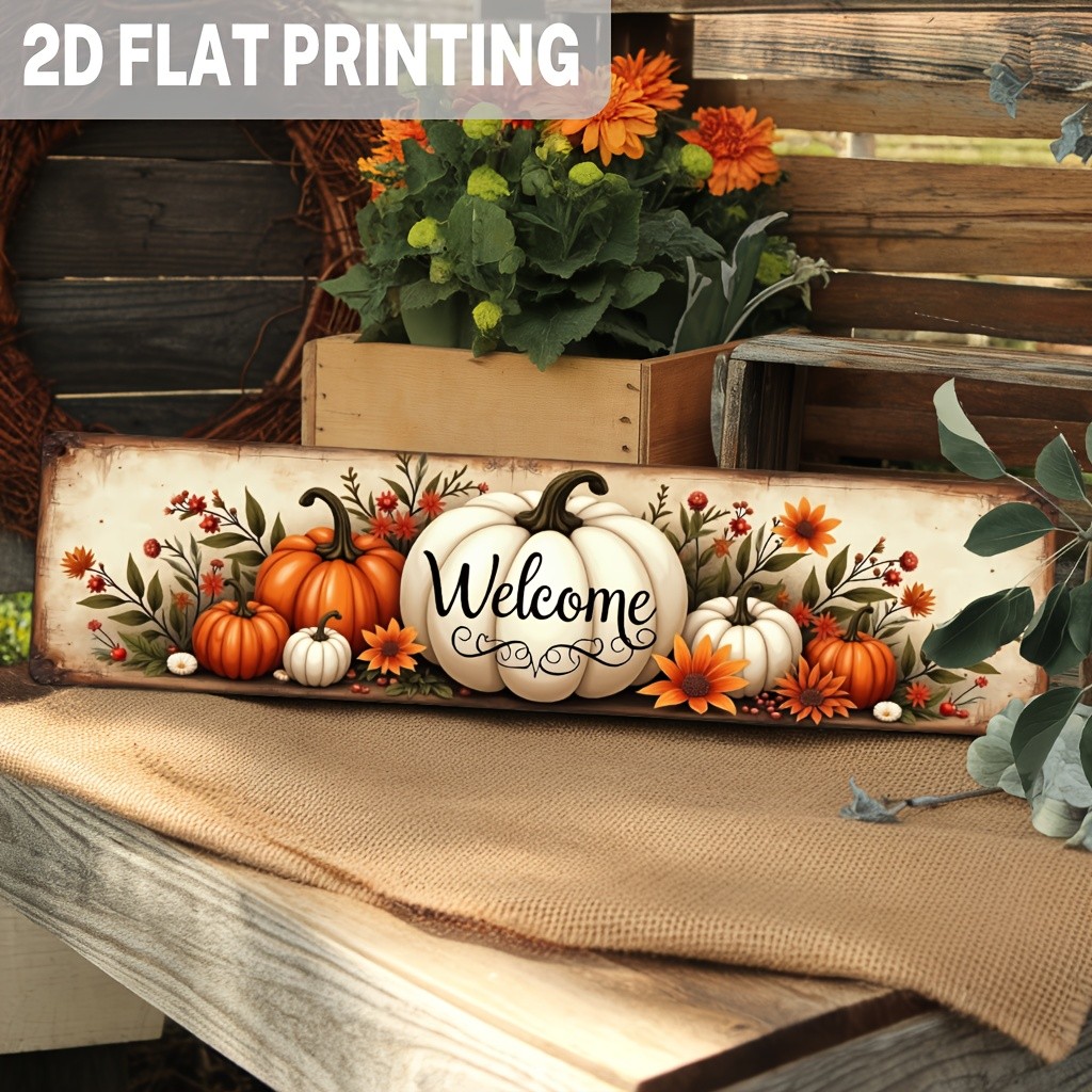 Metal Tin Sign Welcome Fall Pumpkin Floral Distressed Porch Entryway Wall Decor