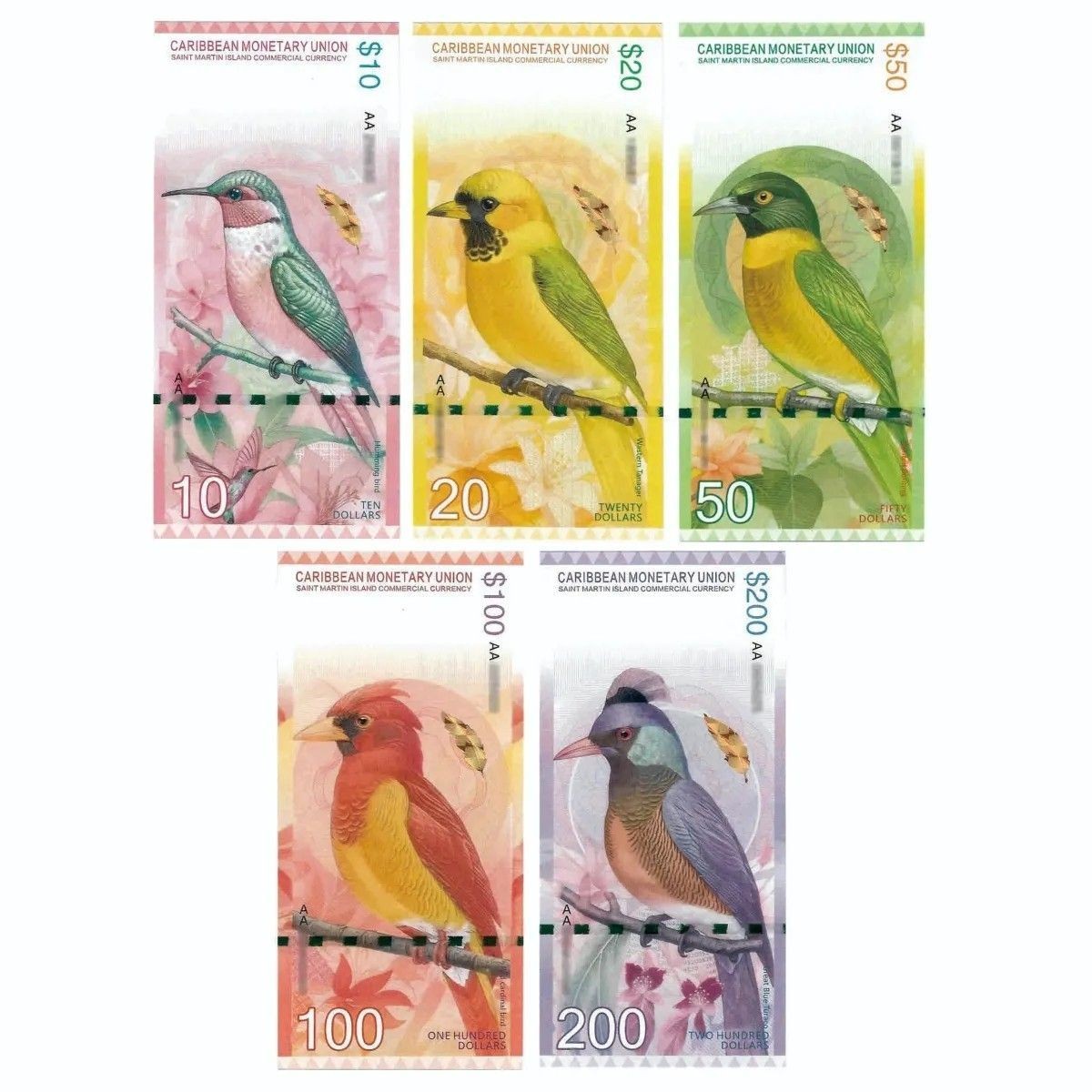 5PCS Eastern Caribbean $10-200 Polymer Note Throated Carib Hummingbird Banknotes