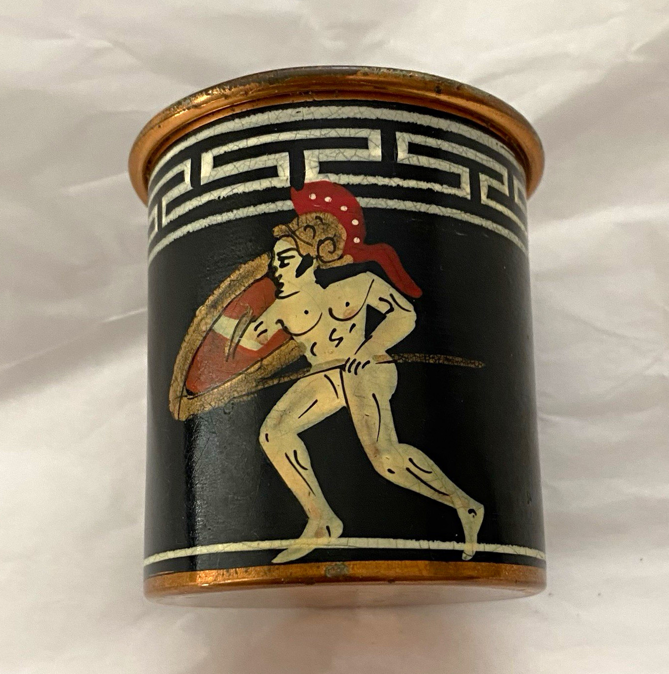 Vintage 1960s Greek Copper Toned Rim Greek Key Pattern Black Gold Utility Holder Vintage 1960s Greek Copper Toned Rim Greek Key Pattern Black Gold Utility Holder