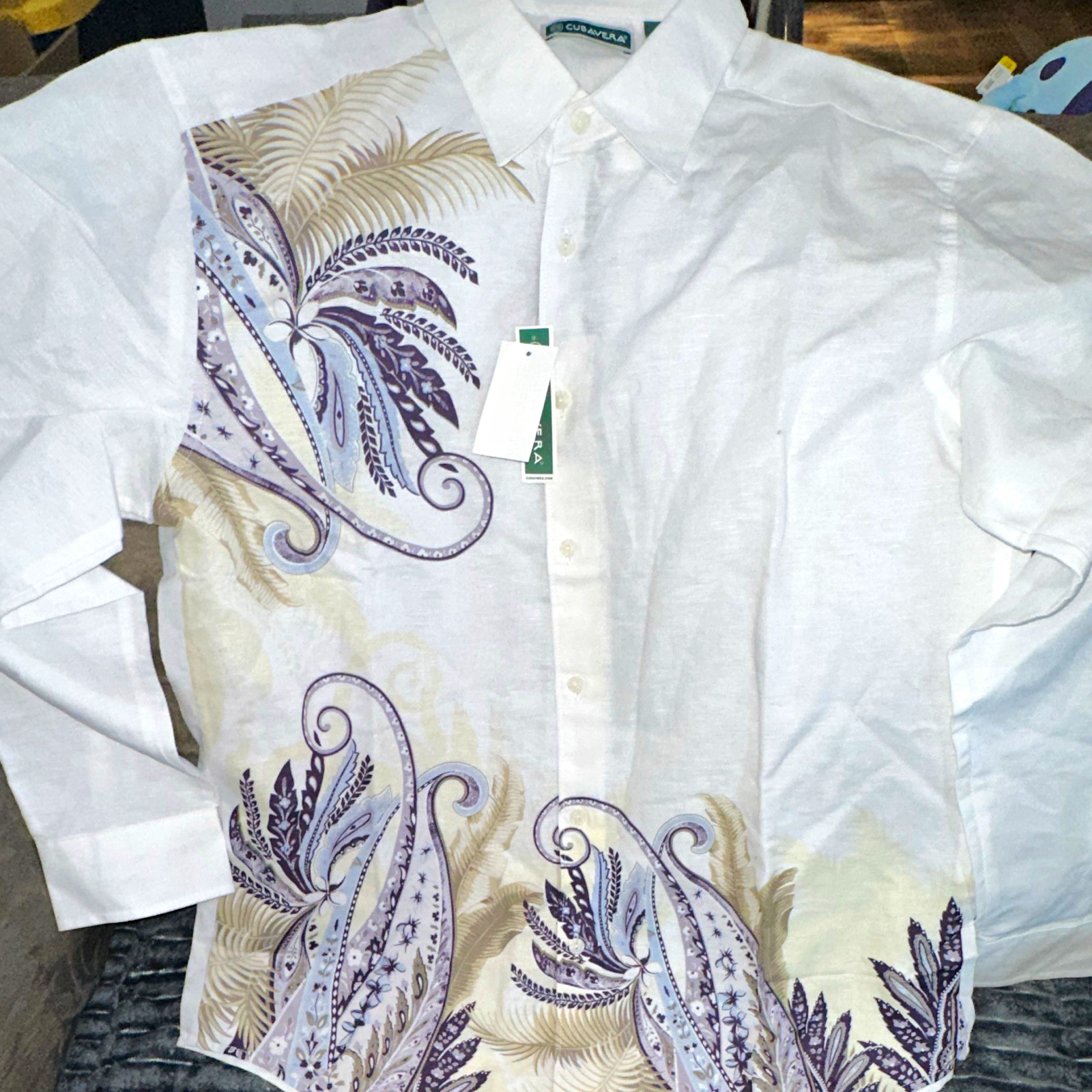 Cubavera Men’s L Paisley Button-Up Shirt Long Sleeve Linen Cotton White