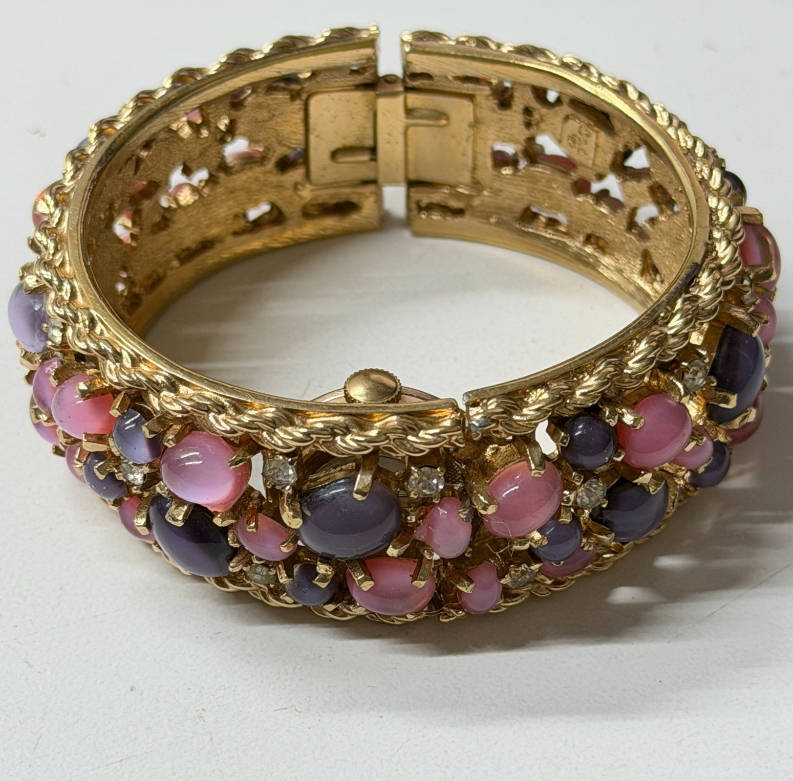 Vintage 1967 Norman Swiss Made Hidden Watch Jeweled Cuff Bracelet Pink Purple 1