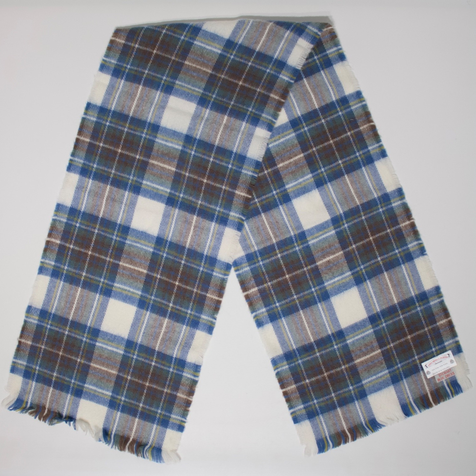 VTG James Pringle Weavers 100% New Wool Scarf Made in Scotland Blue Brown Plaid