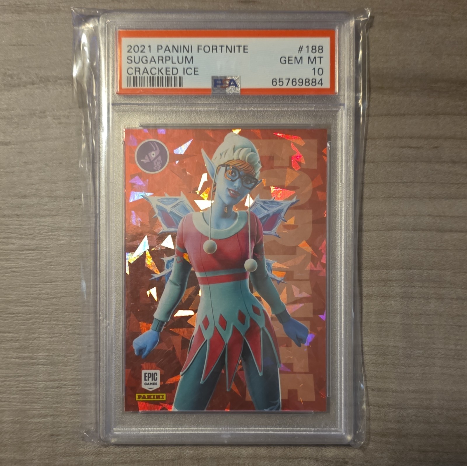Panini 2021 Fortnite Sugarplum #188 Cracked Ice Parallel PSA 10 Card Panini 2021 Fortnite Sugarplum #188 Cracked Ice Parallel PSA 10 Card