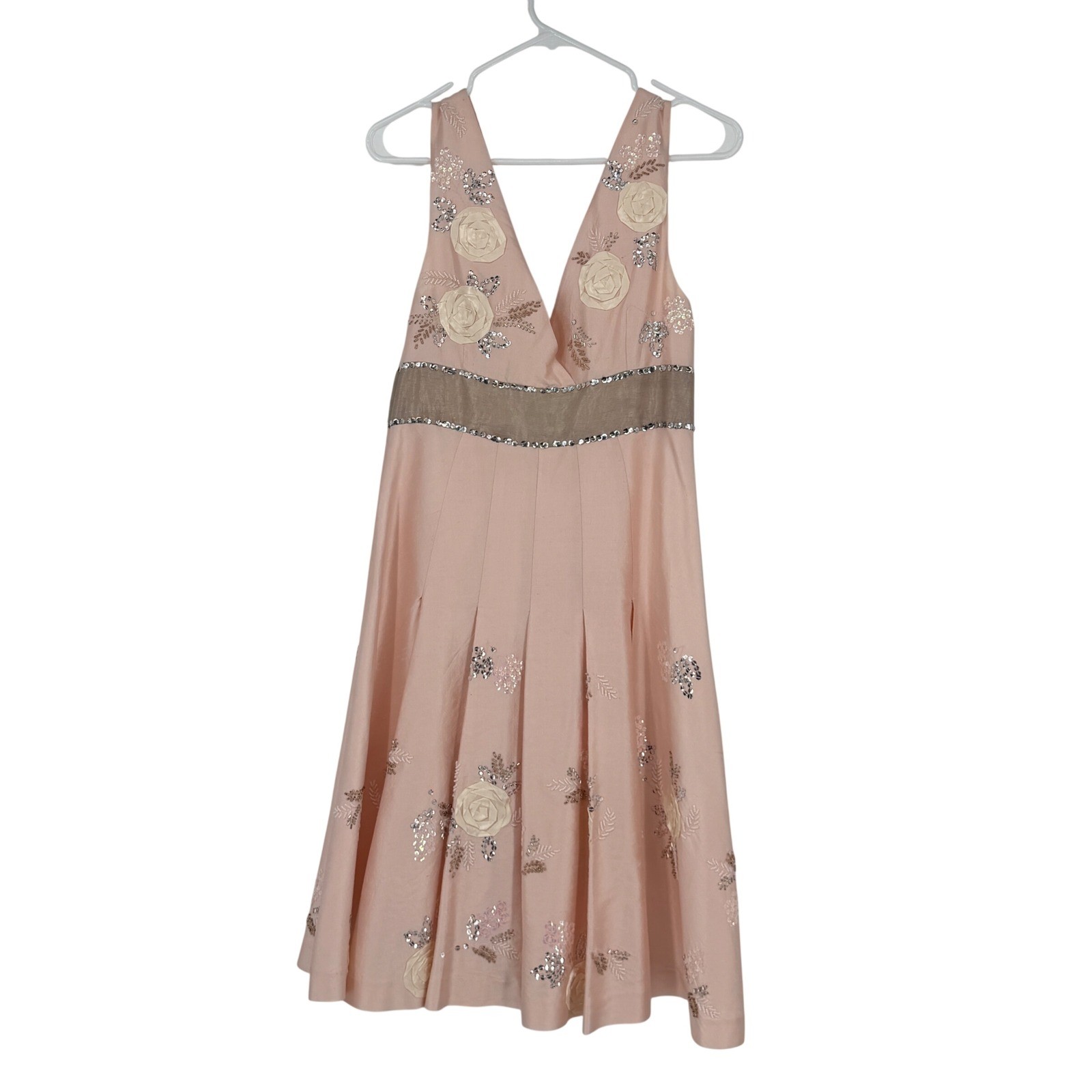 Tibi Pink 100% Silk Floral Sequin Beaded V-Neck Cocktail Dress Size 8