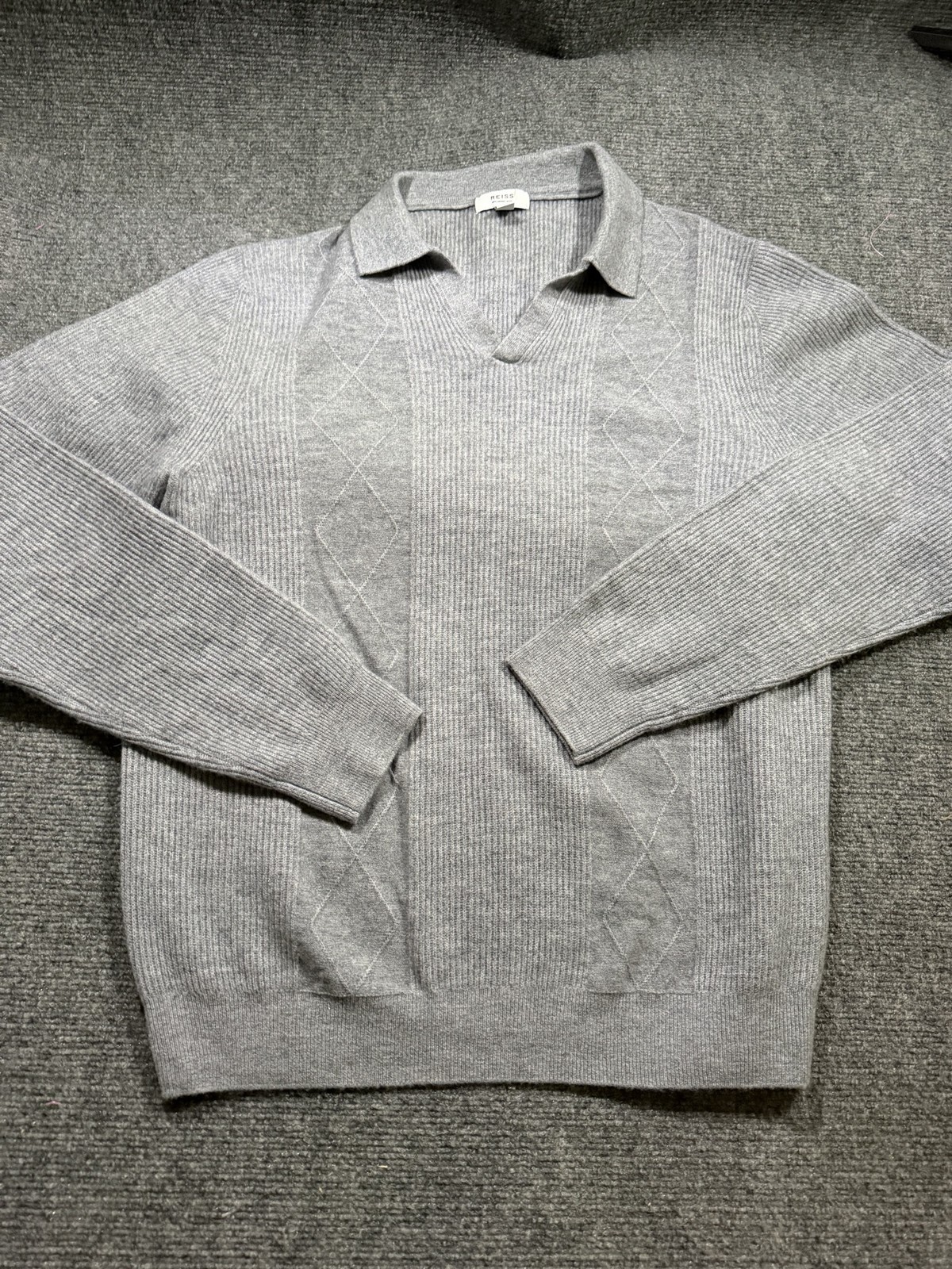 Reiss Sweater Mens XL Gray Merino Wool Collared Argyle Knit Pullover Casual