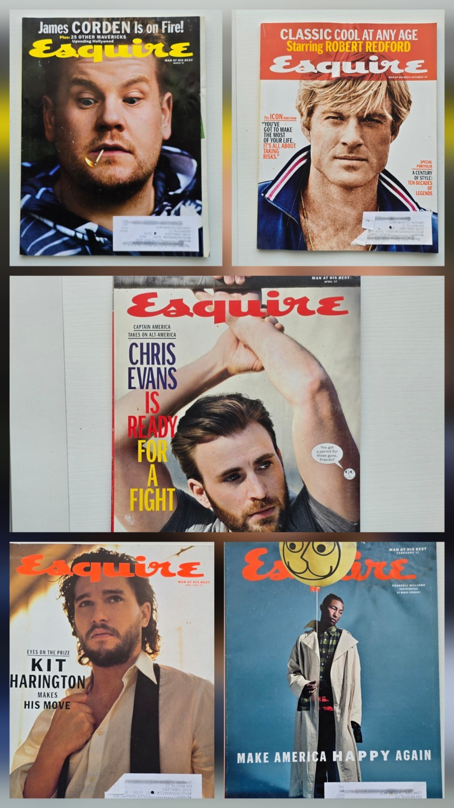Esquire Magazine Lot of 5 2017 Chris Evans Kit Harington Robert Redford Pharrell