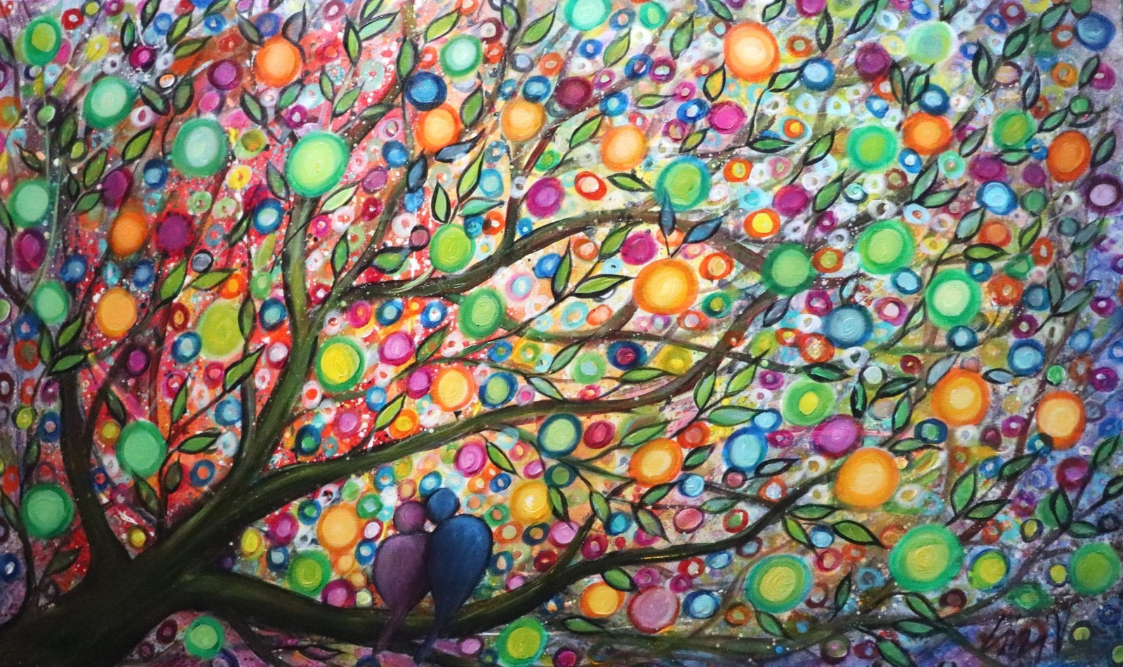 Original Colorful Tree with Birds Painting 60x36 Whimsical Canvas Art