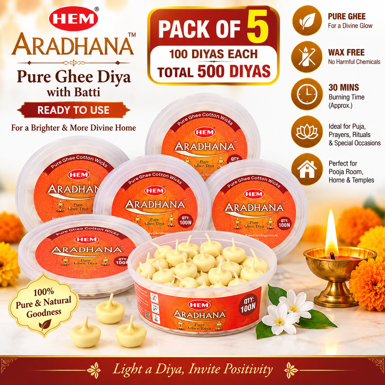 Pure Ghee Diya with Batti 100 x 5 Pack 500 Diyas Wax Free 30 Min Burn Time