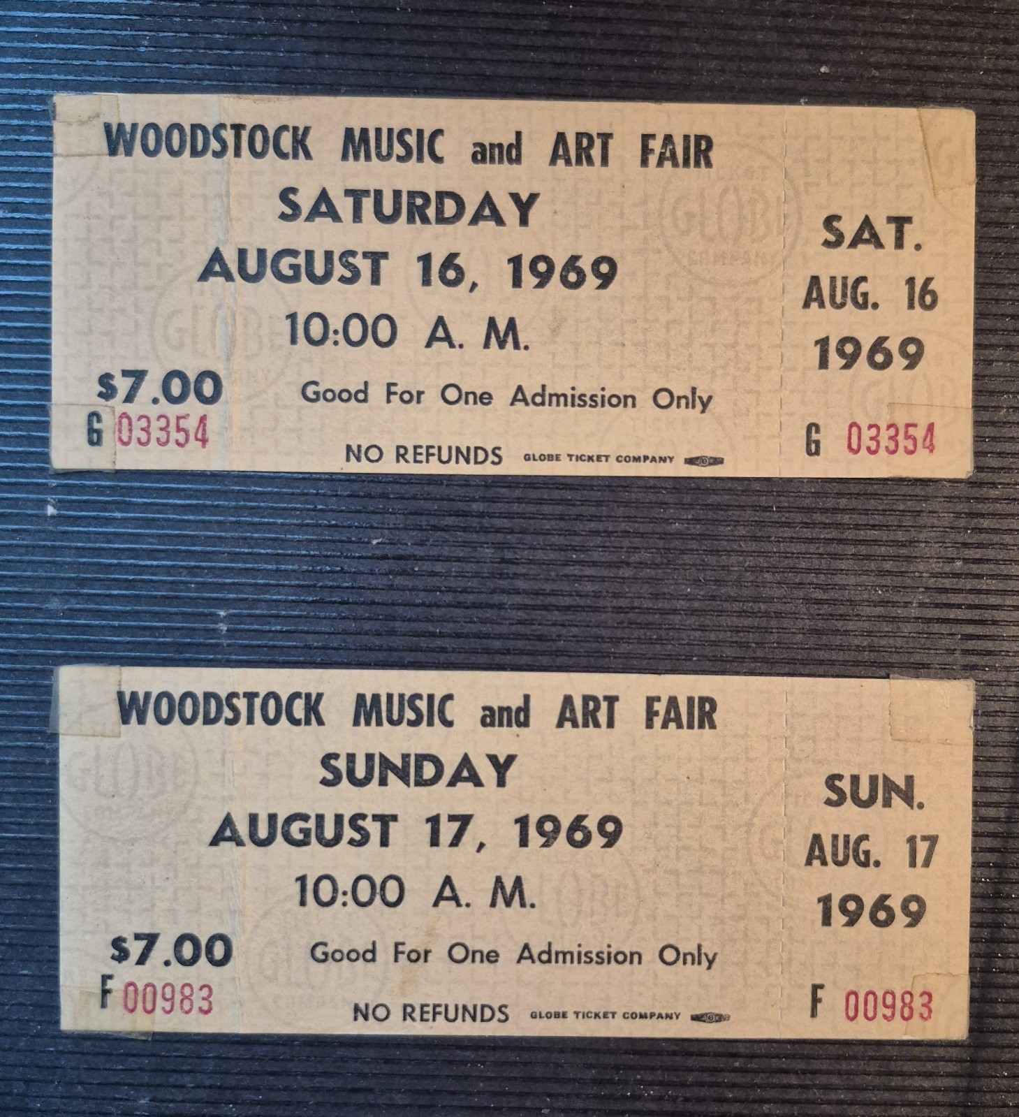 Vintage Woodstock 1969 Saturday & Sunday $7.00 Advance Black Print Full Tickets