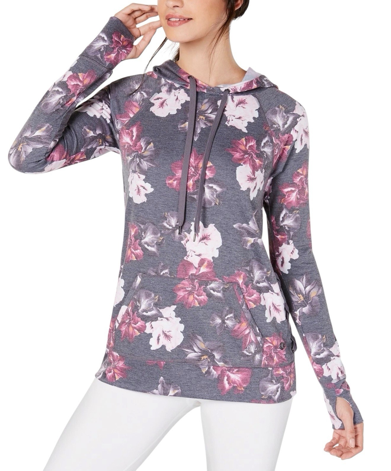 NWOT Ideology Floral-Print Lace-Up Hoodie Gray Size M