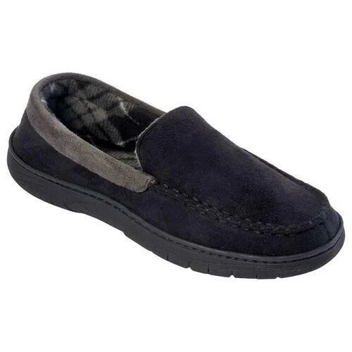 Haggar Mens Microsuede Venetian Slipper Plaid Fleece Lining Black