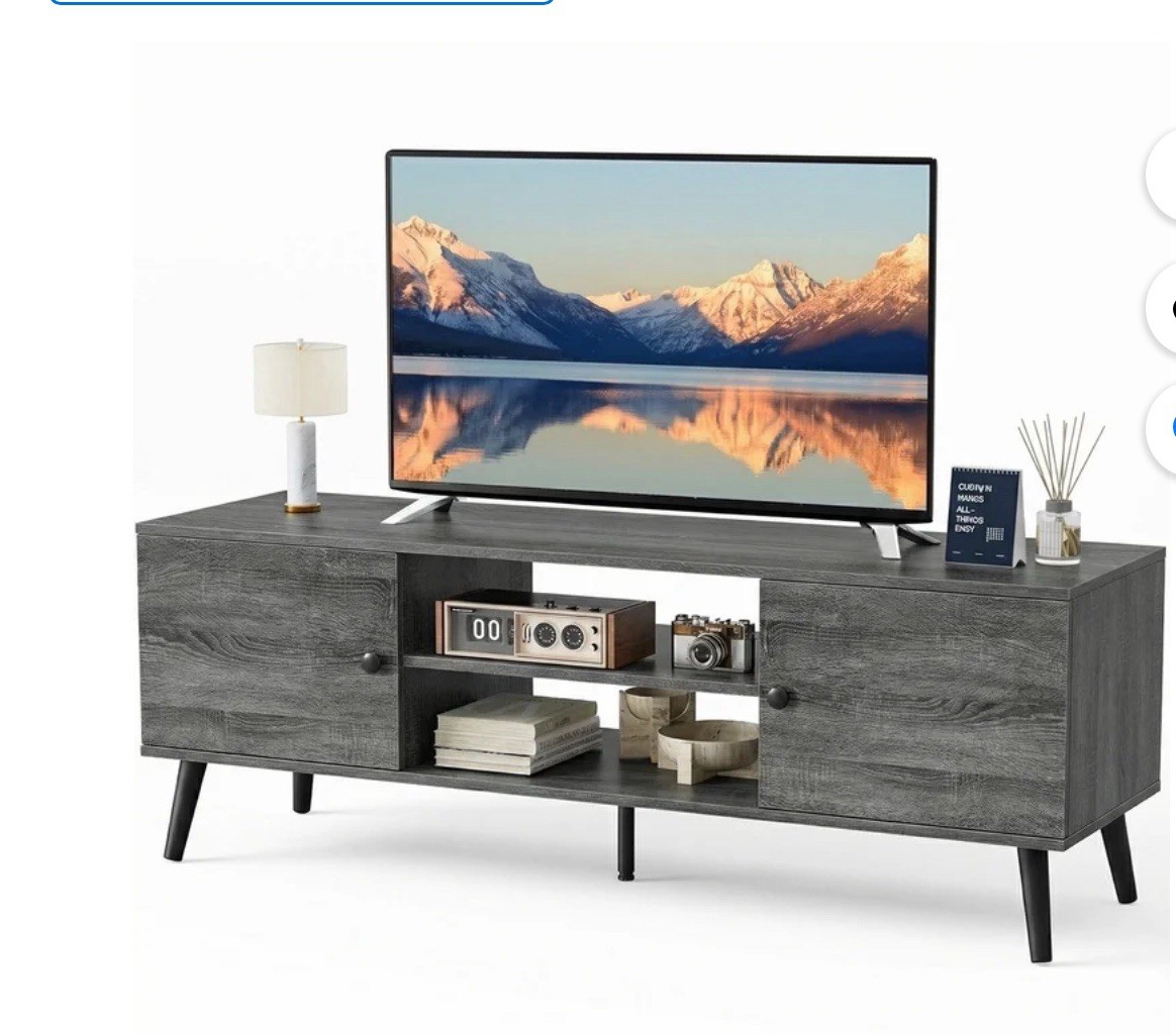 Mid Century TV Stand Media Console Cabinet for up to 65” TVs Grey Wood Grain