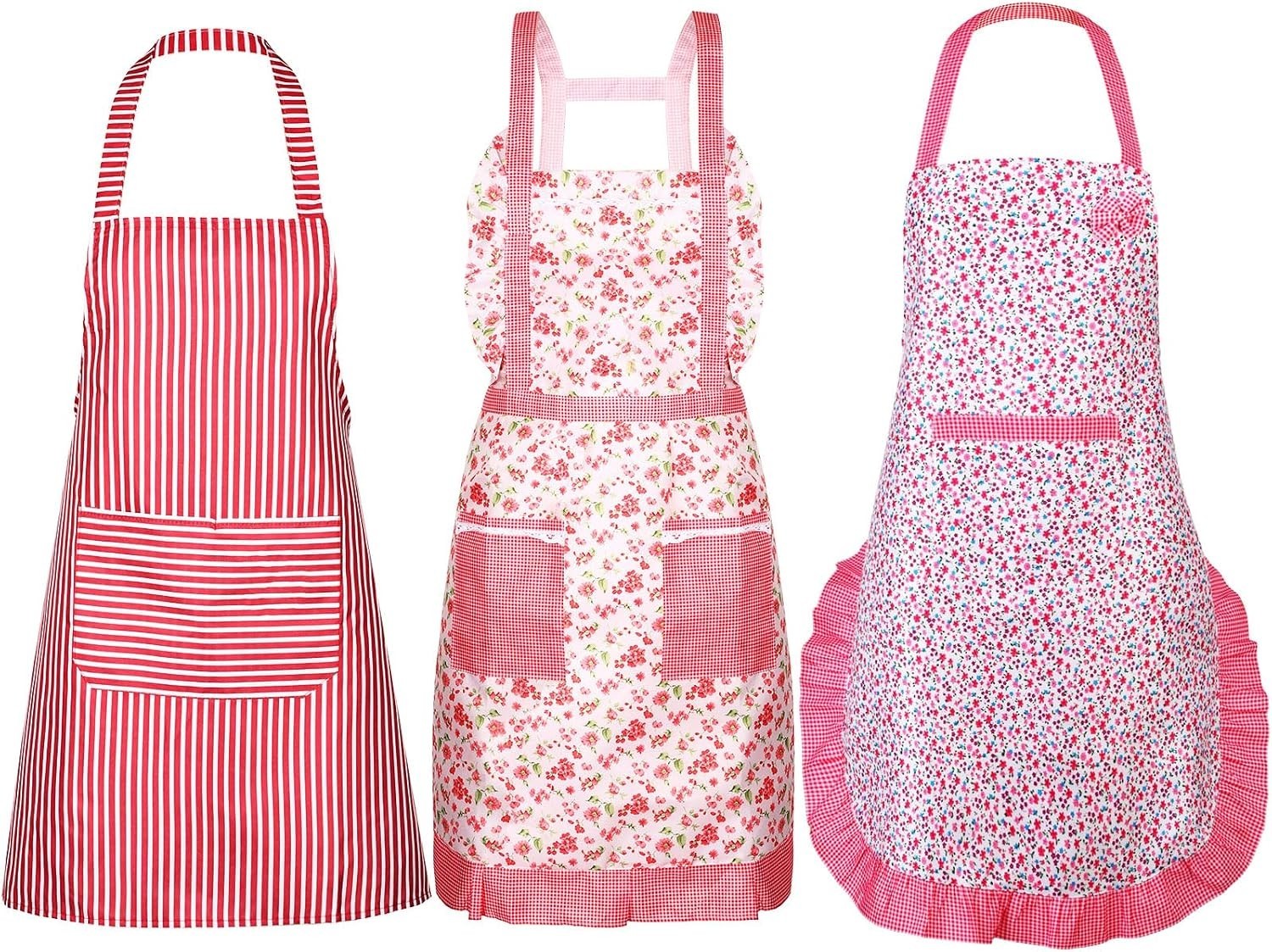 3 Pack Floral Aprons for Women with Pockets - Adjustable Waist Waterproof Kitche