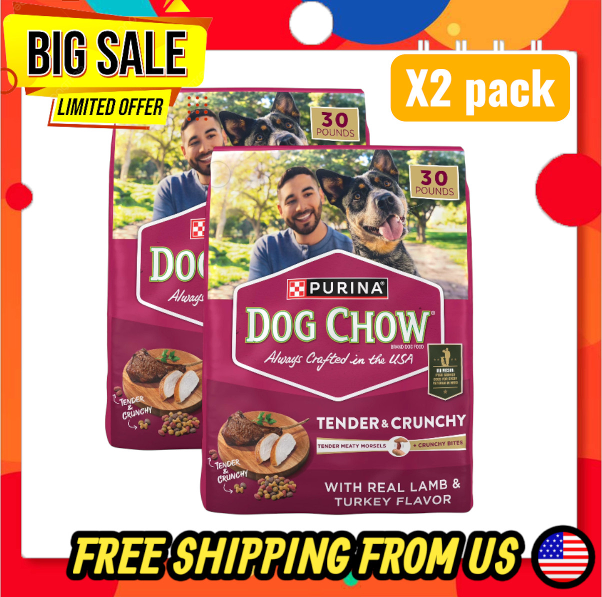 (2 pc) Tender and Crunchy with Real Lamb & Turkey Flavor Adult Dry Dog Food 30lb
