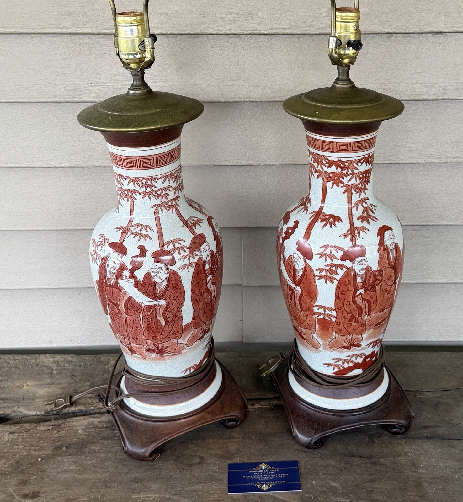 Pair Of Vintage Japanese Kutani Ware Style  Table Lamps With Wood Bases