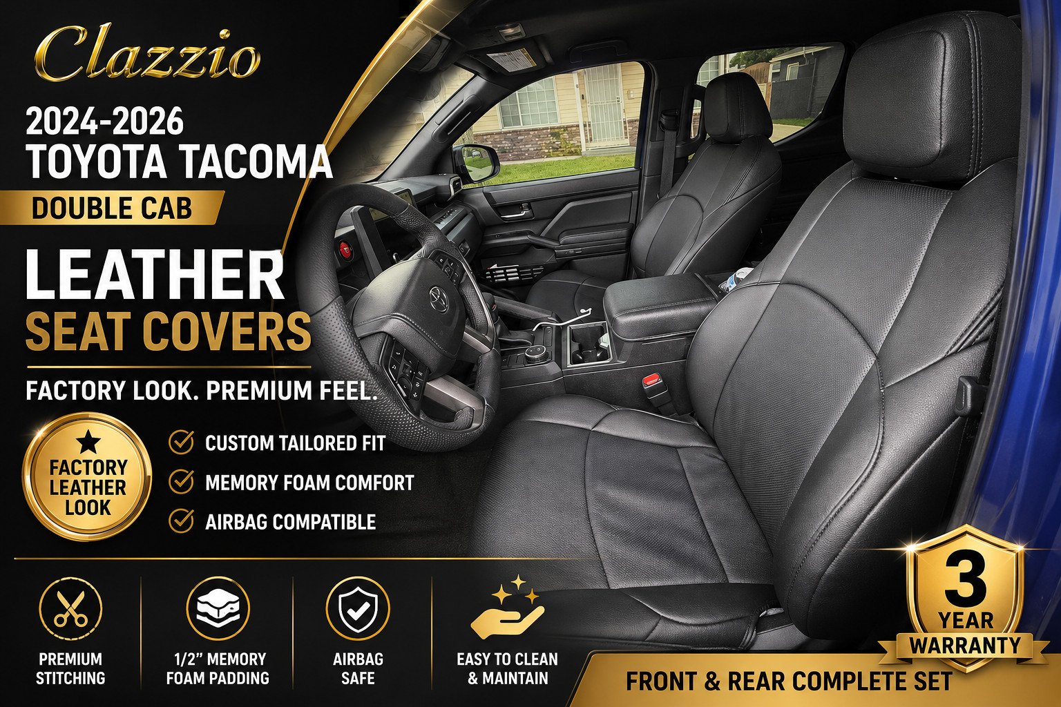 Clazzio Custom Leather Seat Covers for 2024-2026 Toyota Tacoma Double Cab