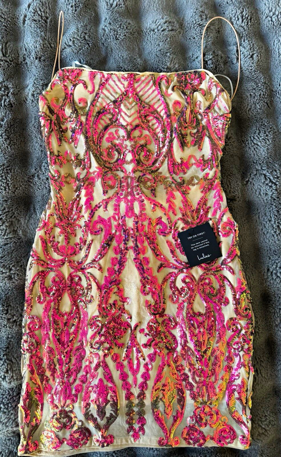 Lulus Women’s L Pink/Gold Sequin Mesh Square Neck Strappy Bodycon Mini Dress