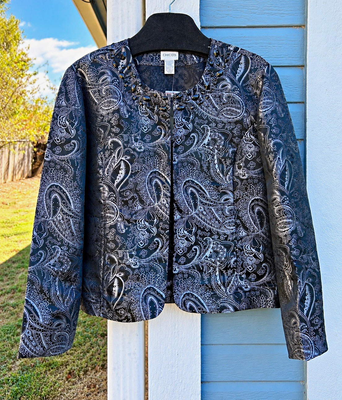 Chico’s Art to Wear Jacket Sz 3 NWT Beaded Metallic Paisley Black Silver