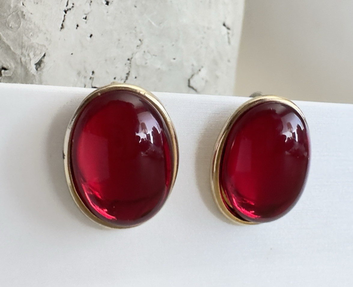 Vintage Miriam Haskell Signed Red Glass Cabochon Oval Earrings Minimalist Gold