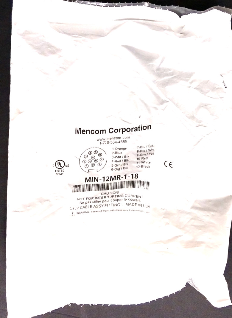 New Mencom Min-12MR-1-18 Cable Size III Receptacle 12 Pole Male 1FT 18AWG 4A New Mencom Min-12MR-1-18 Cable Size III Receptacle 12 Pole Male 1FT 18AWG 4A