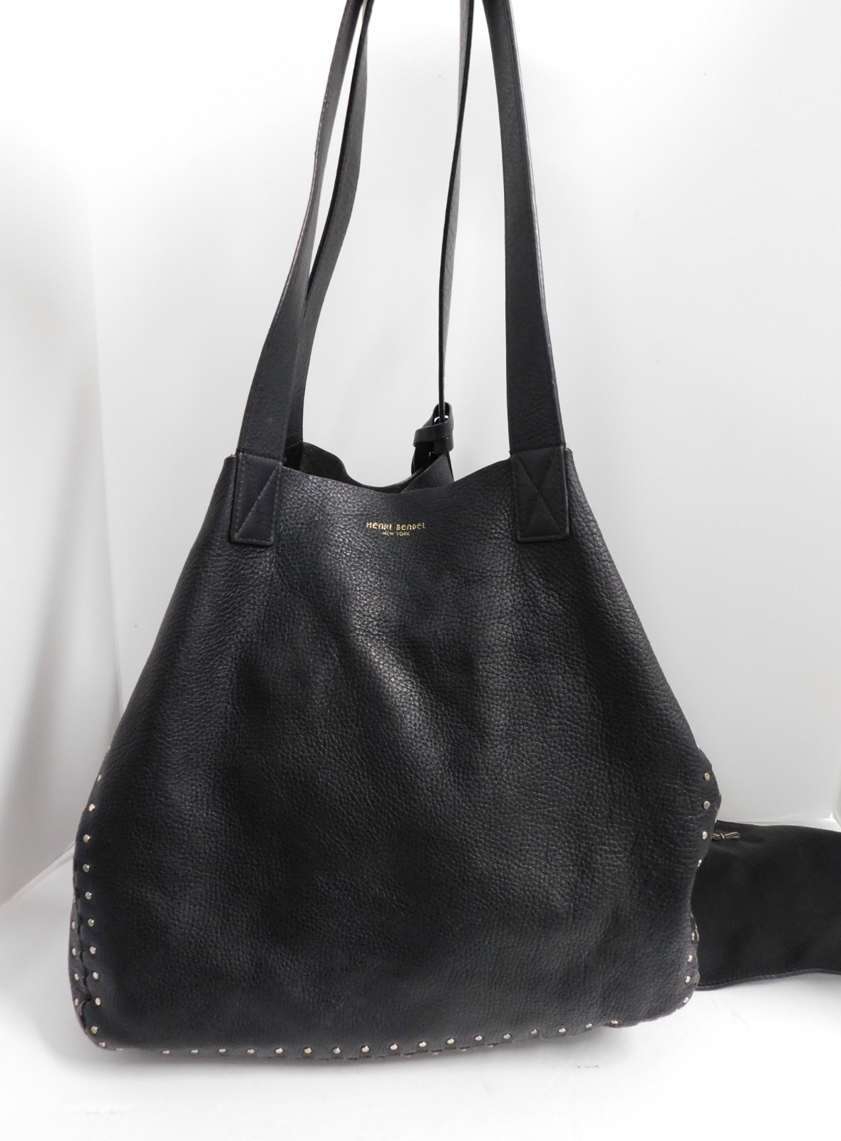 Henri Bendel Black Leather Studded Large Shopper Tote w/ Zip Pouch
