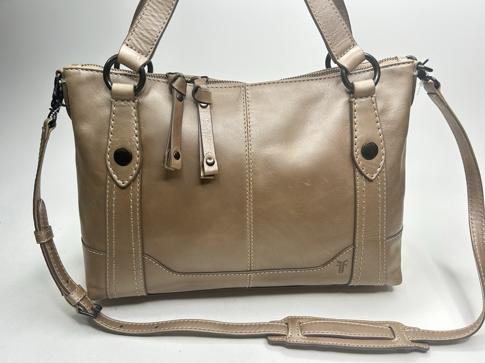 FRYE Melissa Medium Satchel w/ Detachable Crossbody Strap Light Bronze Leather FRYE Melissa Medium Satchel w/ Detachable Crossbody Strap Light Bronze Leather