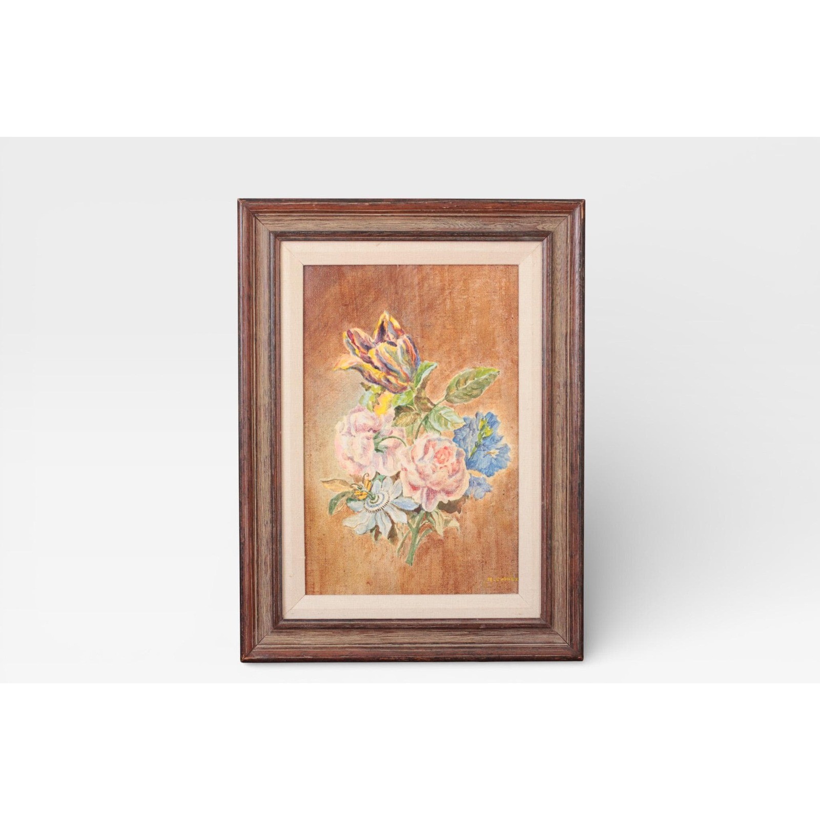 Vintage Floral Oil Painting in Wood Frame | Original Wall Art