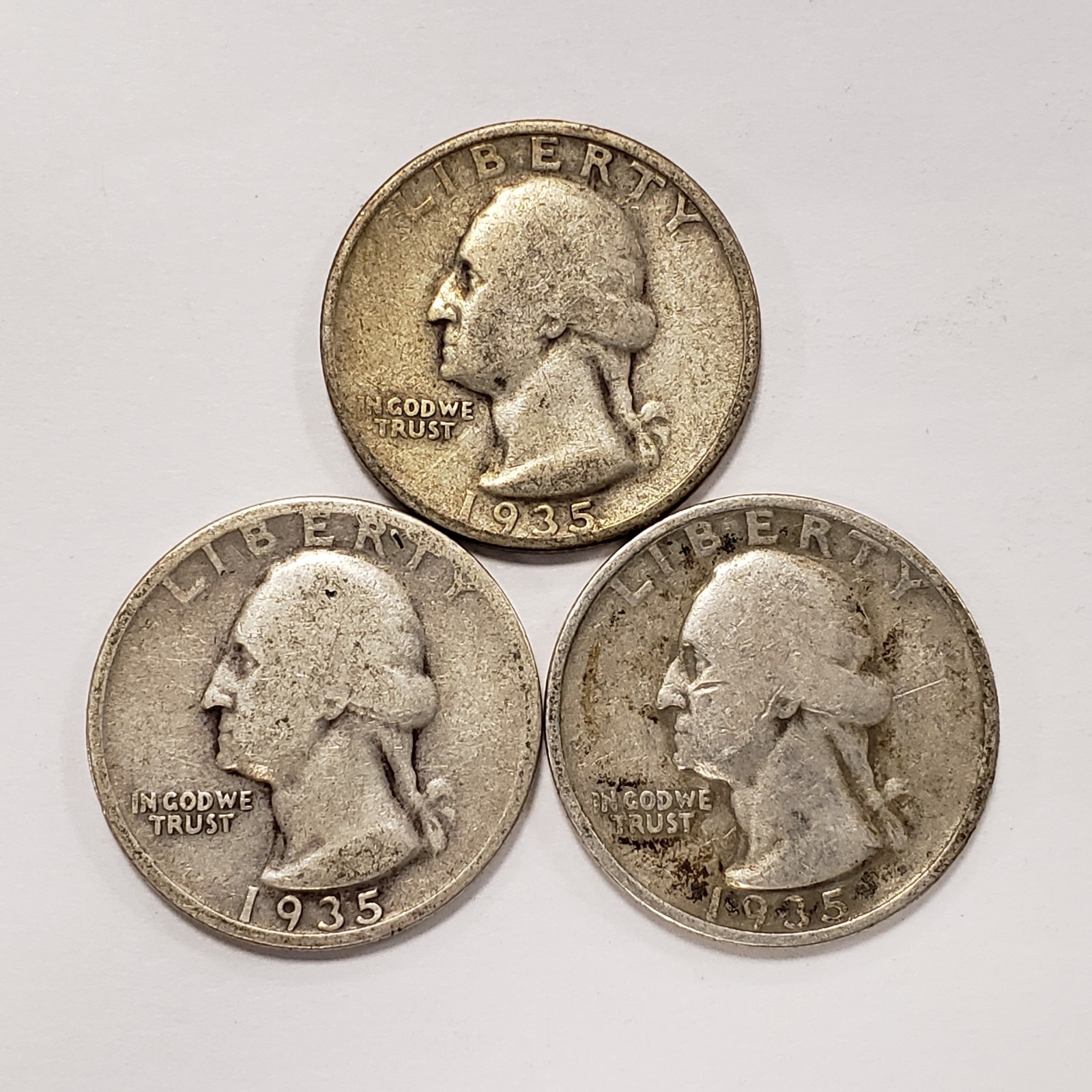 1935 P D S 25c Washington Silver Quarter 3 Coin Set - .54 ASW -U1043