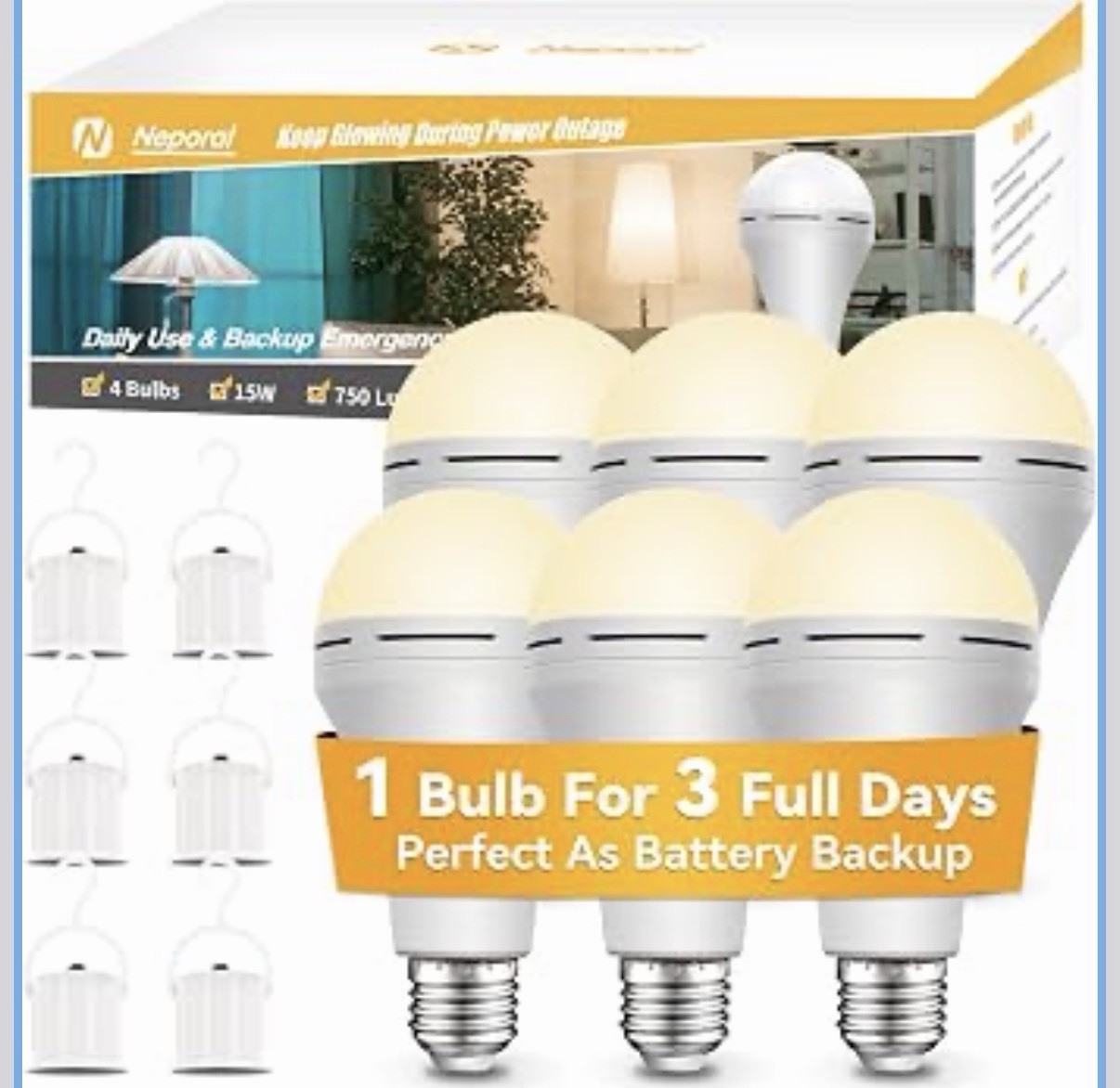 6 Pack Neporal LITE PRO Battery Backup Light Bulbs 2600mAh Rechargeable ，