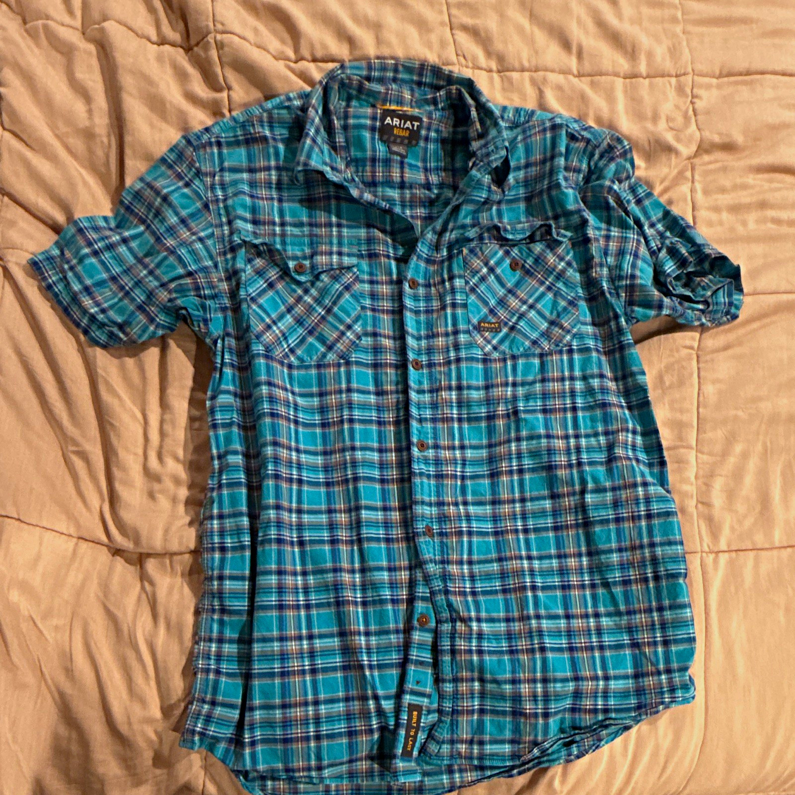 Ariat Rebar Men\'s L Blue Plaid Short Sleeve Button-Up Shirt Point Collar Pockets Ariat Rebar Men\'s L Blue Plaid Short Sleeve Button-Up Shirt Point Collar Pockets