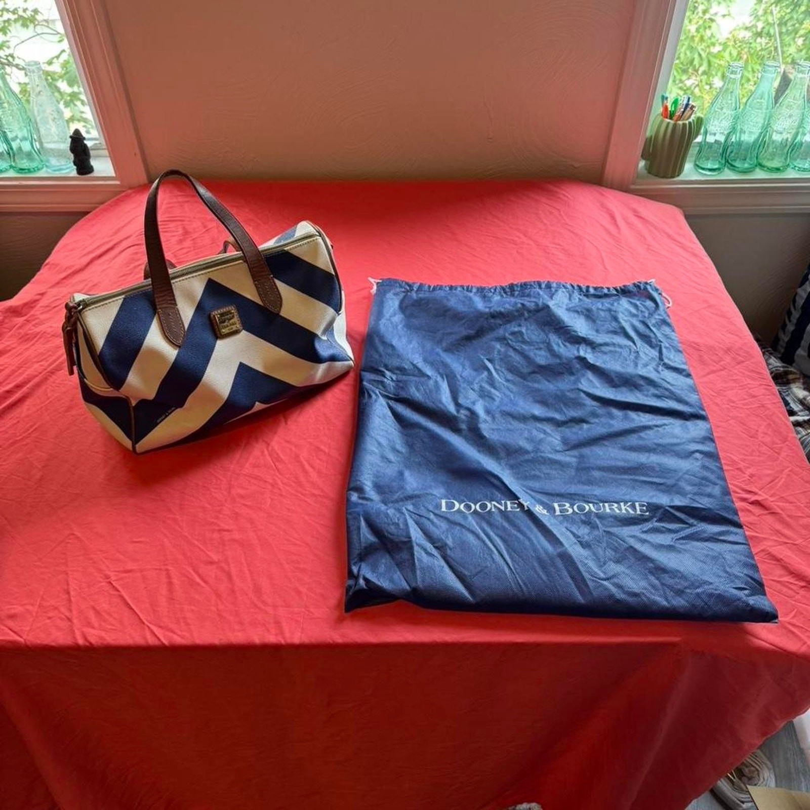 Leather Dooney & Bourke Tote/Duffel Bag w/ blue and white color-way & Red inside Leather Dooney & Bourke Tote/Duffel Bag w/ blue and white color-way & Red inside