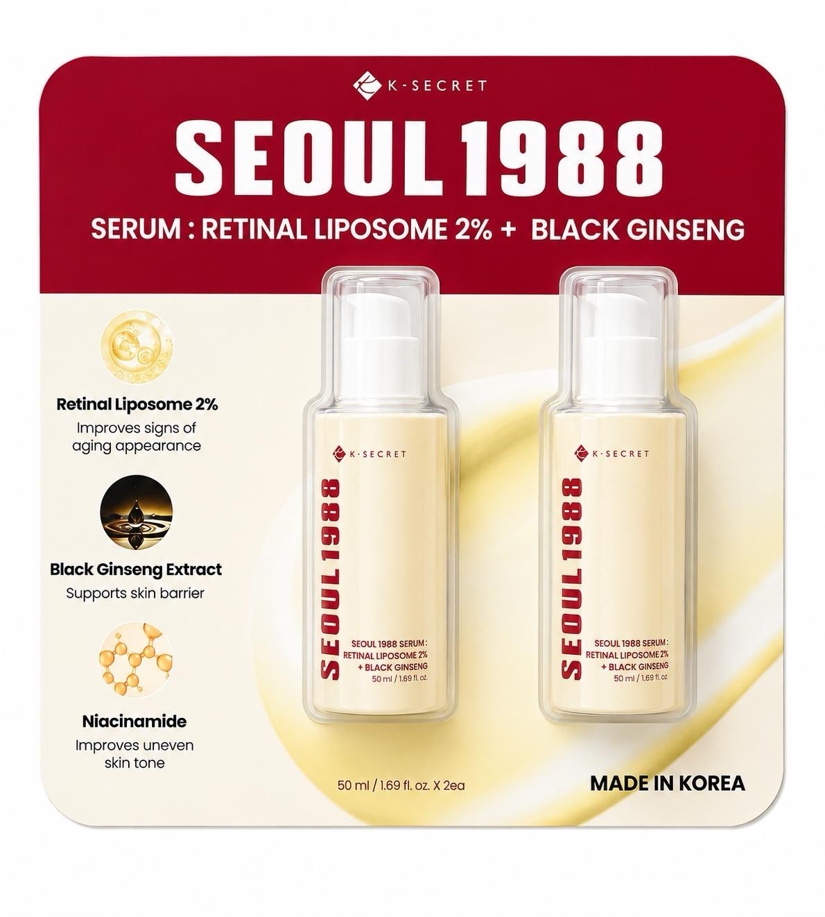 K SECRET SEOUL 1988 Serum Retinal Liposome 2% Black Ginseng  50 ML x  2PACK NEW