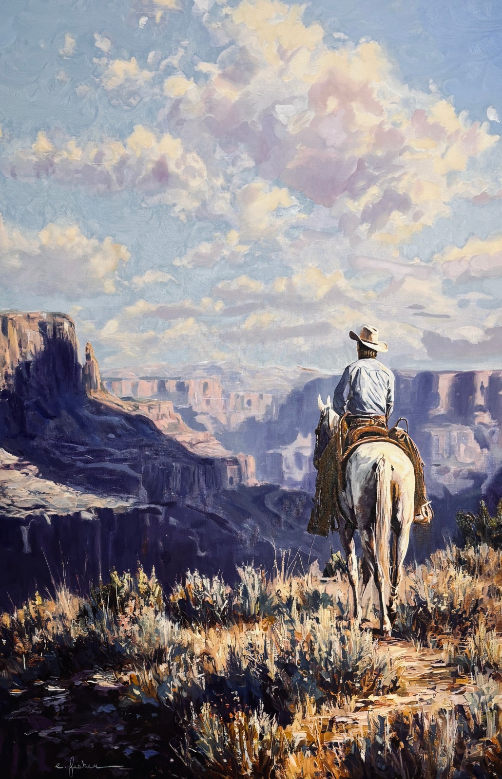 Original 24x36 Oil Painting Cowboy Horse Southwest Canyon Western Art