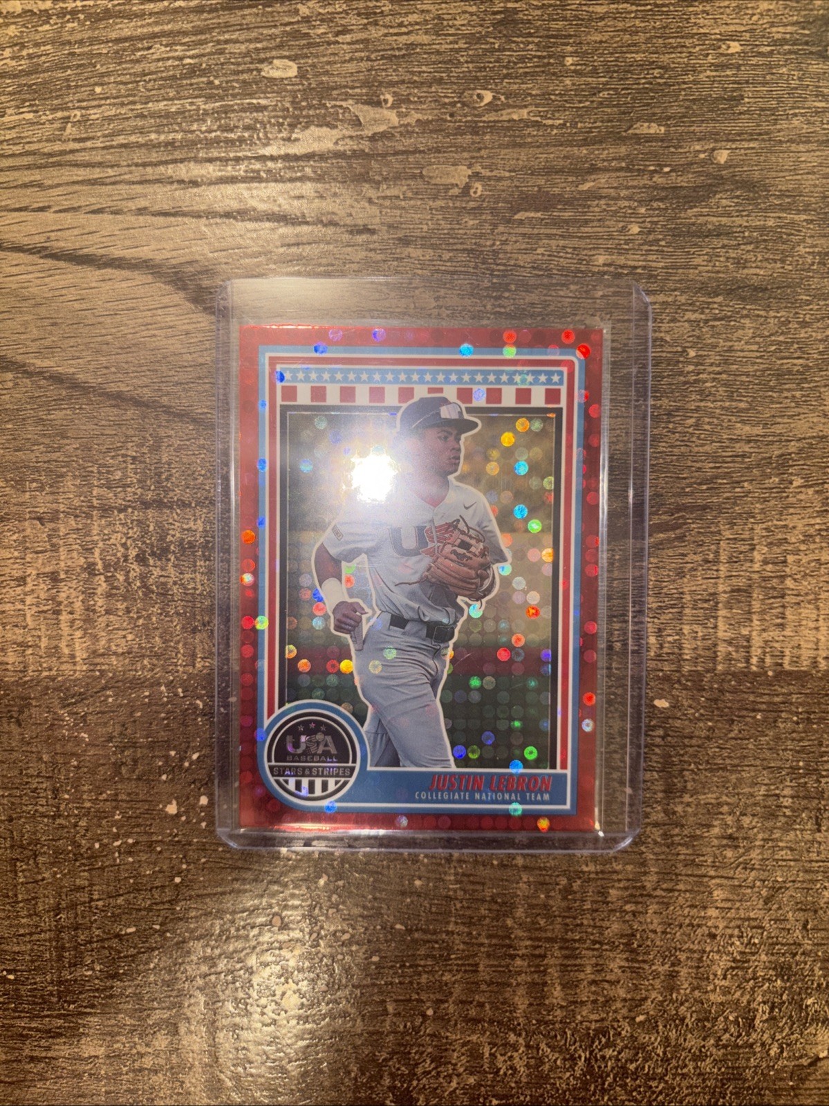2025 Panini USA Stars & Stripes JUSTIN LEBRON Red Foil Dots RC Rookie /199 2025 Panini USA Stars & Stripes JUSTIN LEBRON Red Foil Dots RC Rookie /199