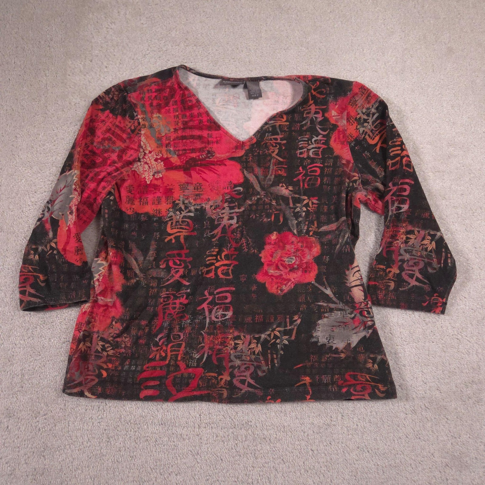 Additions By Chico\'s Shirt Womens 2 Black Floral V Neck 3/4 Sleeve Jersey Top