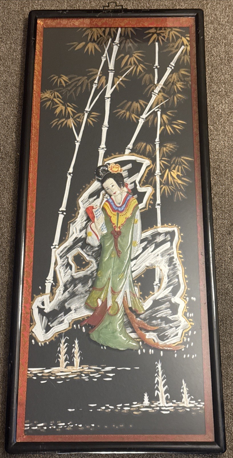 Vintage Asian Black Lacquer Wall Panel featuring Mother of Pearl Inlay Artwork. Vintage Asian Black Lacquer Wall Panel featuring Mother of Pearl Inlay Artwork.