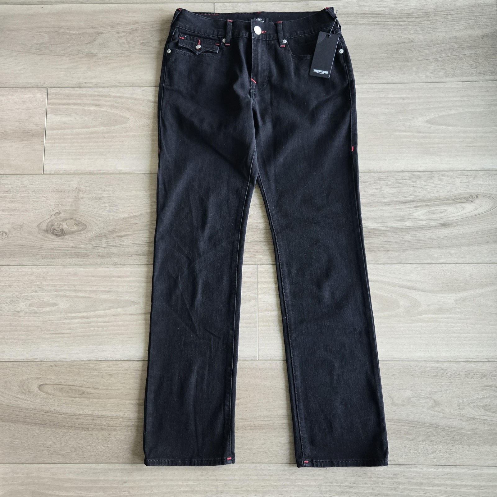 True Religion Jeans Mens 31x33 Black Ricky SN Flap Straight Black Red Stitch New