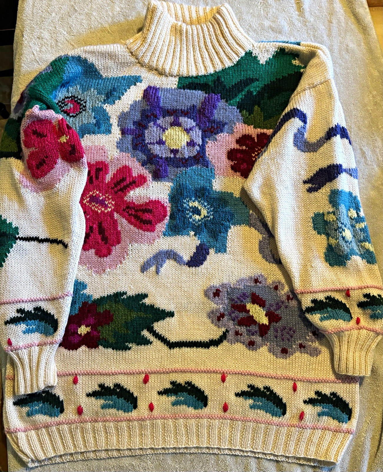 Vintage BEREK 100% Wool Hand Embroidered Floral Pullover Sweater Women’s L