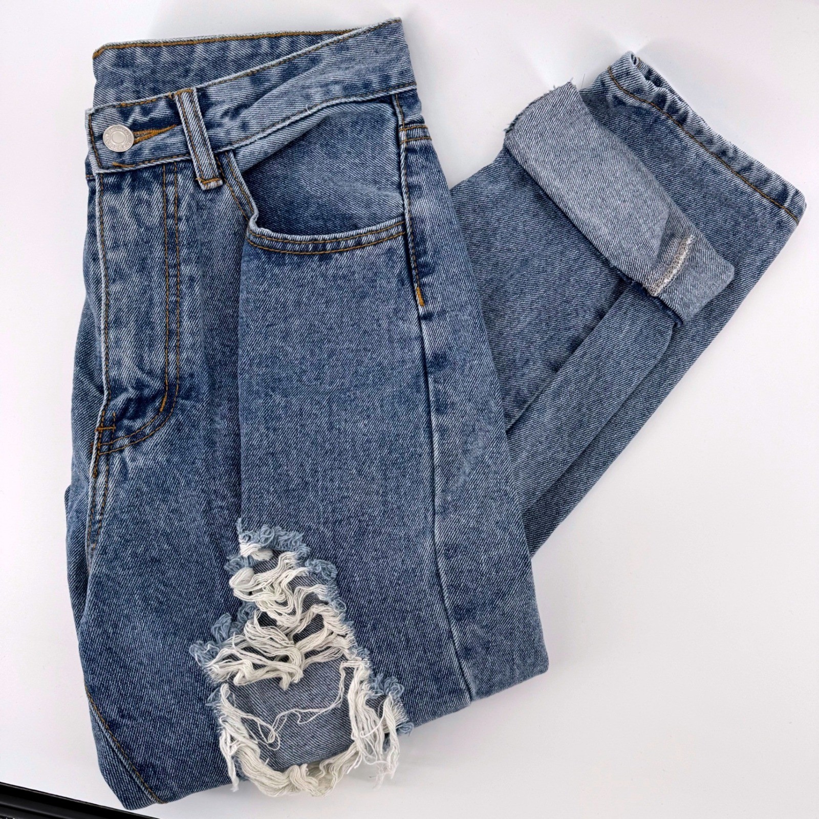 SHEIN Women Size 4 Medium Blue Wash Distressed Shredded High Waisted Mom Jeans