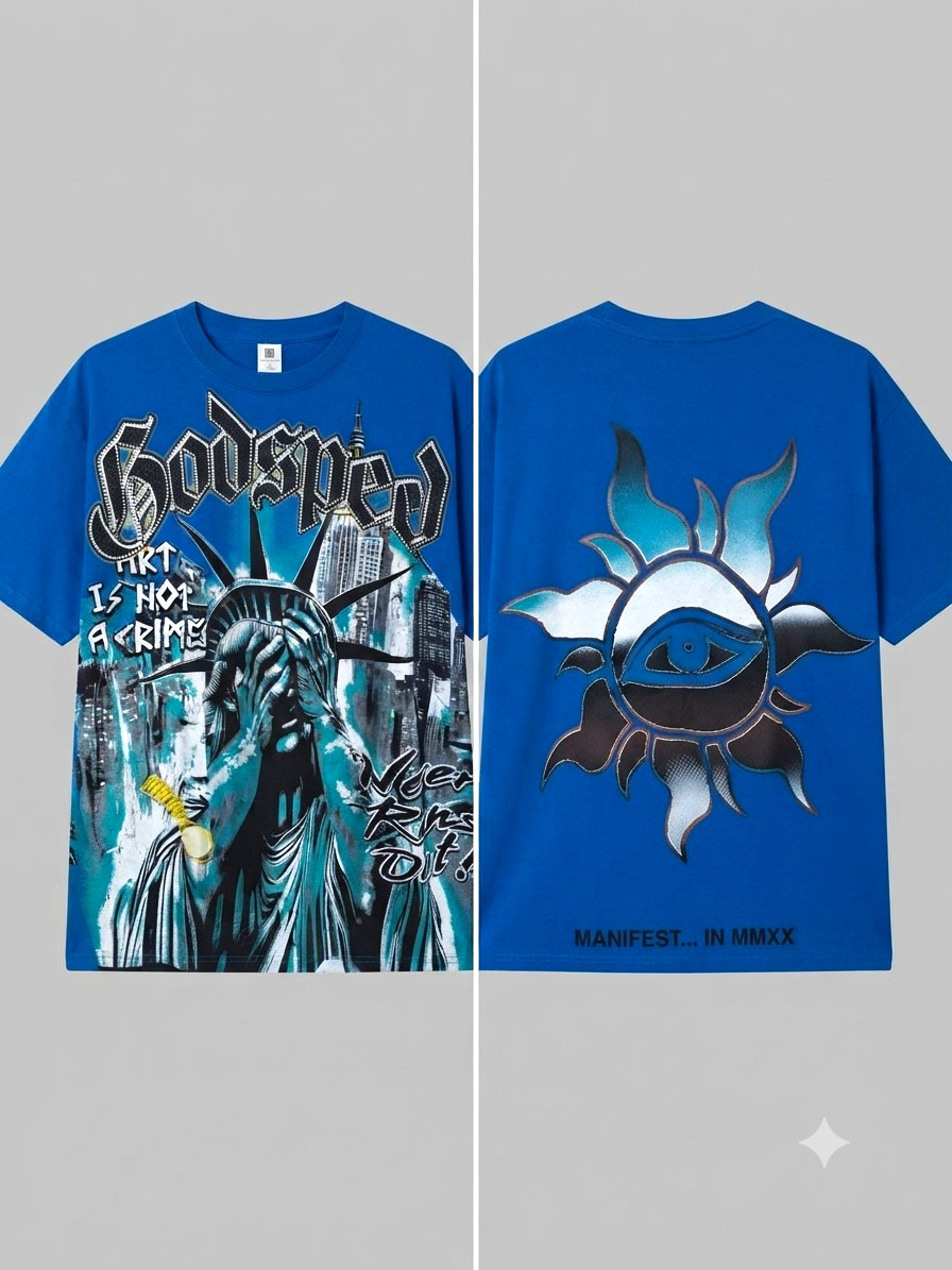 Godspeed Men’s Blue Cotton Graphic Print Crew Neck Short Sleeve T-Shirt One Size Godspeed Men’s Blue Cotton Graphic Print Crew Neck Short Sleeve T-Shirt One Size