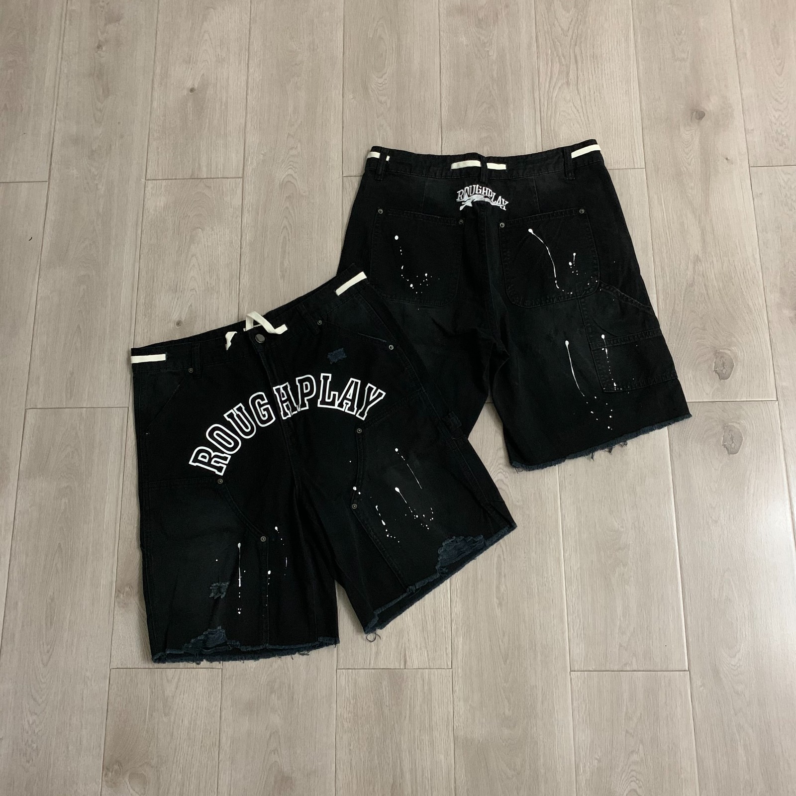 Rough Play Carpenter Paint Splatter Shorts Black White Logo
